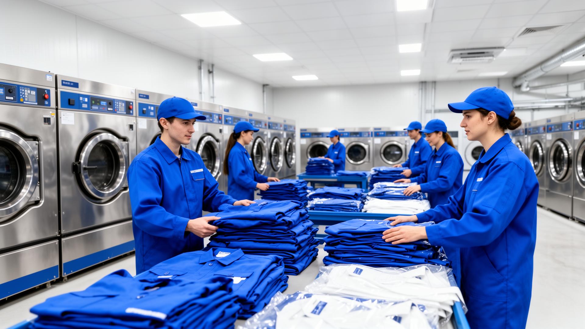 Equipe profissional em lavanderia industrial moderna